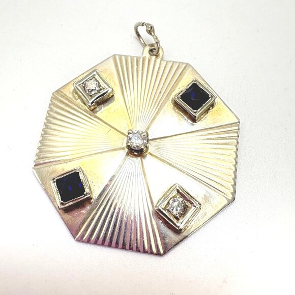 VTG Sterling Silver 925 Black & White CZ Octagonal Ridged Pendant Charm 1.25" - Picture 1 of 15